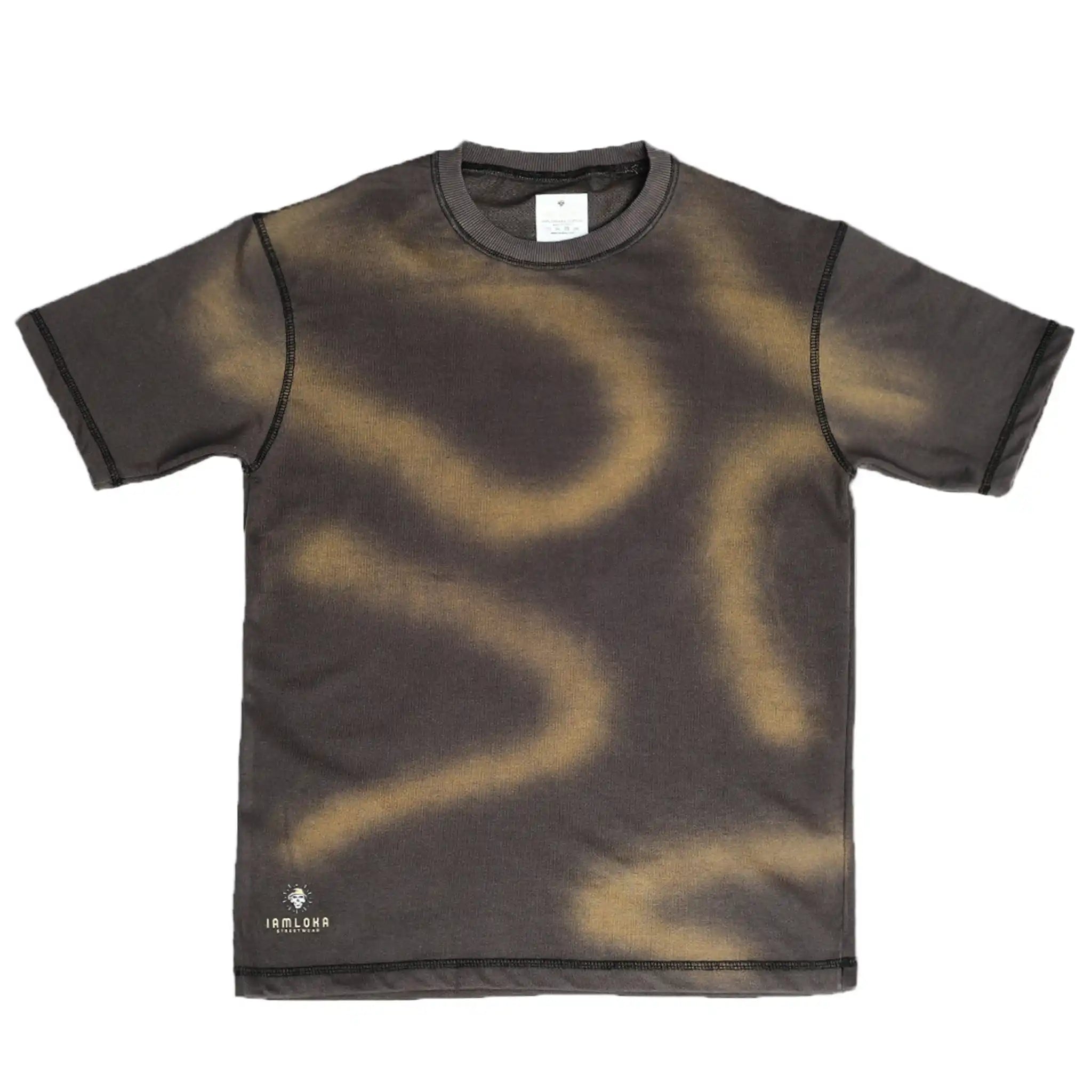 Black t-shirt with spray paint design on a white background