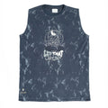 Dark blue tie-dye Yin-Yang tank with meditating figure print, "LET THAT SHIT GO" text, and raw edges on 240 GSM cotton sinker fabric.