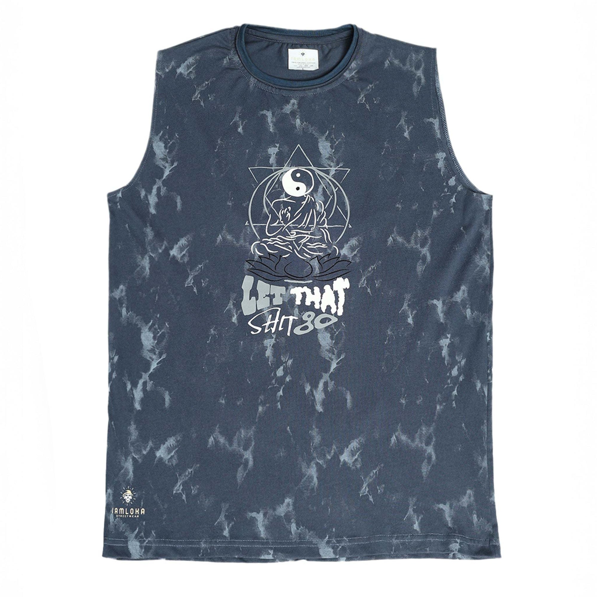 Dark blue tie-dye Yin-Yang tank with meditating figure print, "LET THAT SHIT GO" text, and raw edges on 240 GSM cotton sinker fabric.