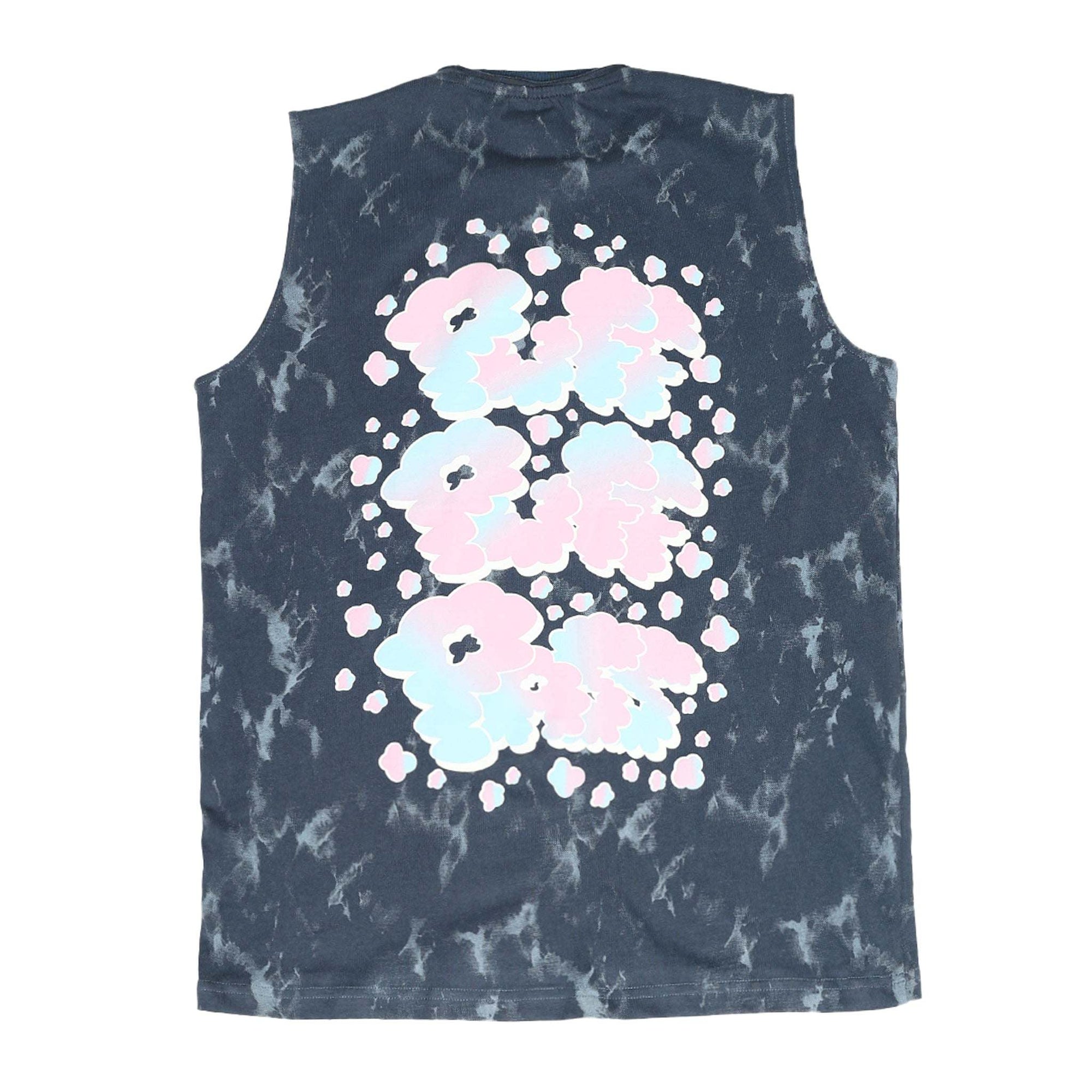 Dark blue tie-dye Yin-Yang tank with meditating figure print, "LET THAT SHIT GO" text, and raw edges on 240 GSM cotton sinker fabric.