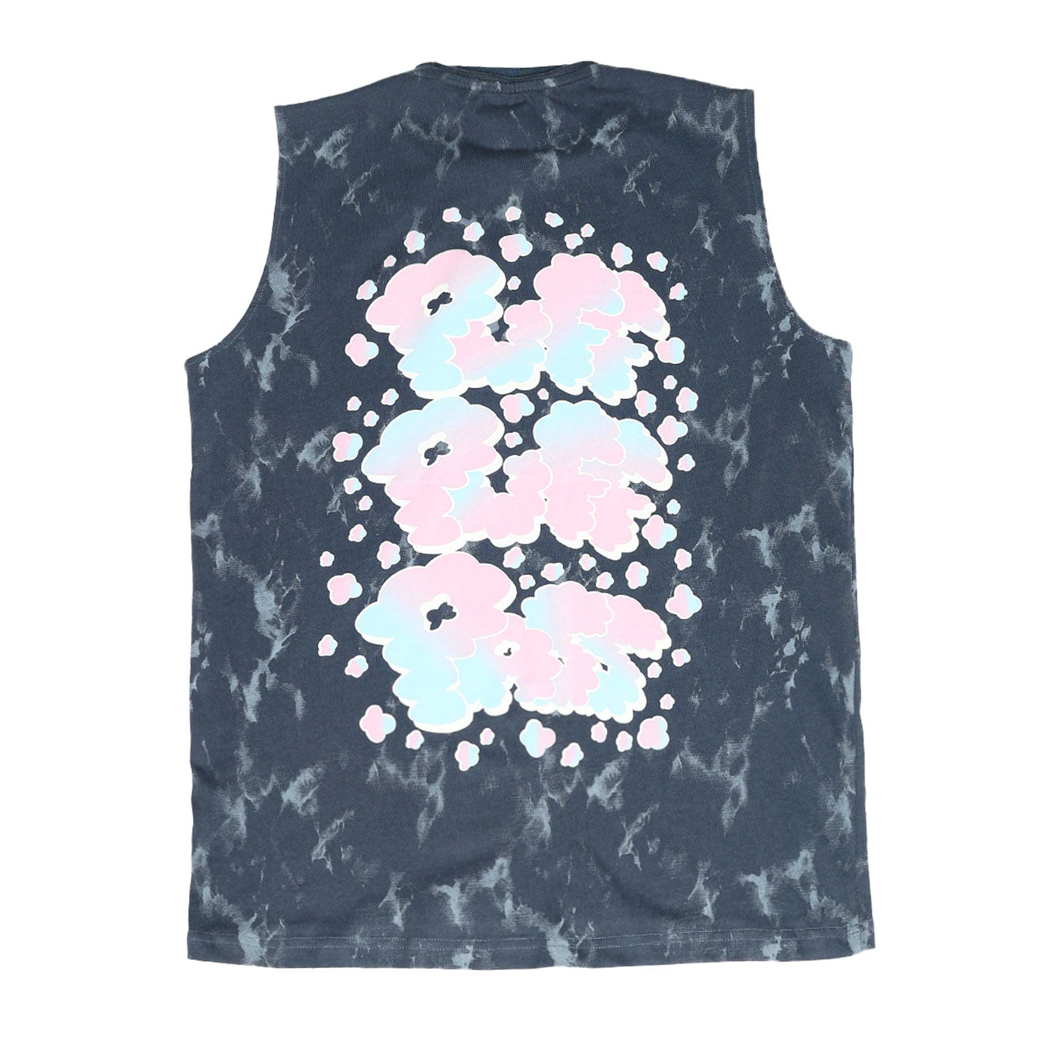 Dark blue tie-dye Yin-Yang tank with meditating figure print, "LET THAT SHIT GO" text, and raw edges on 240 GSM cotton sinker fabric.