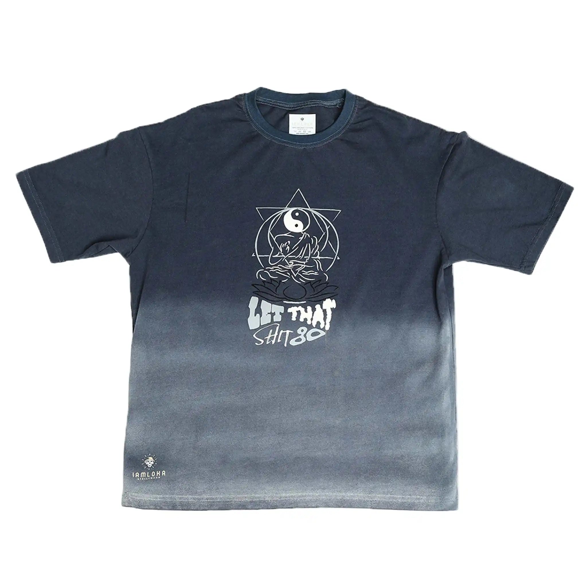 Blue t-shirt with white graphic design and text on a white background