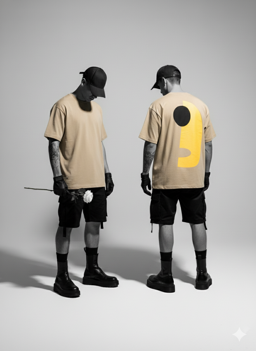 Two people wearing beige t-shirts with a large yellow number '9' on a gray background