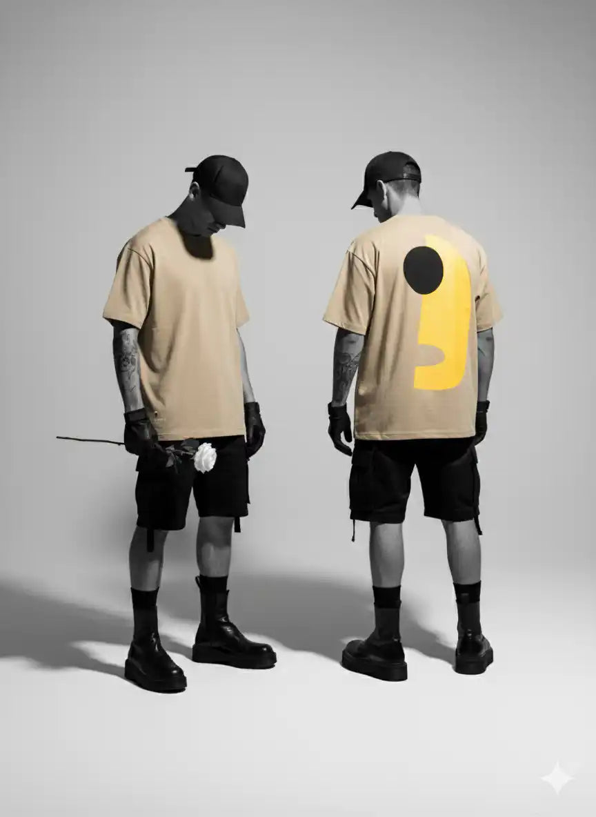 Two people wearing beige t-shirts with a large yellow number '9' on a gray background