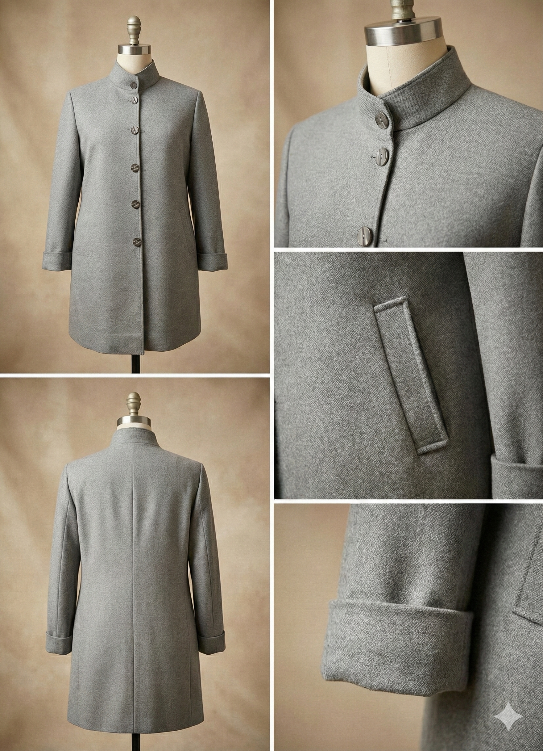 Collage of a gray coat on a mannequin with close-up details against a beige background