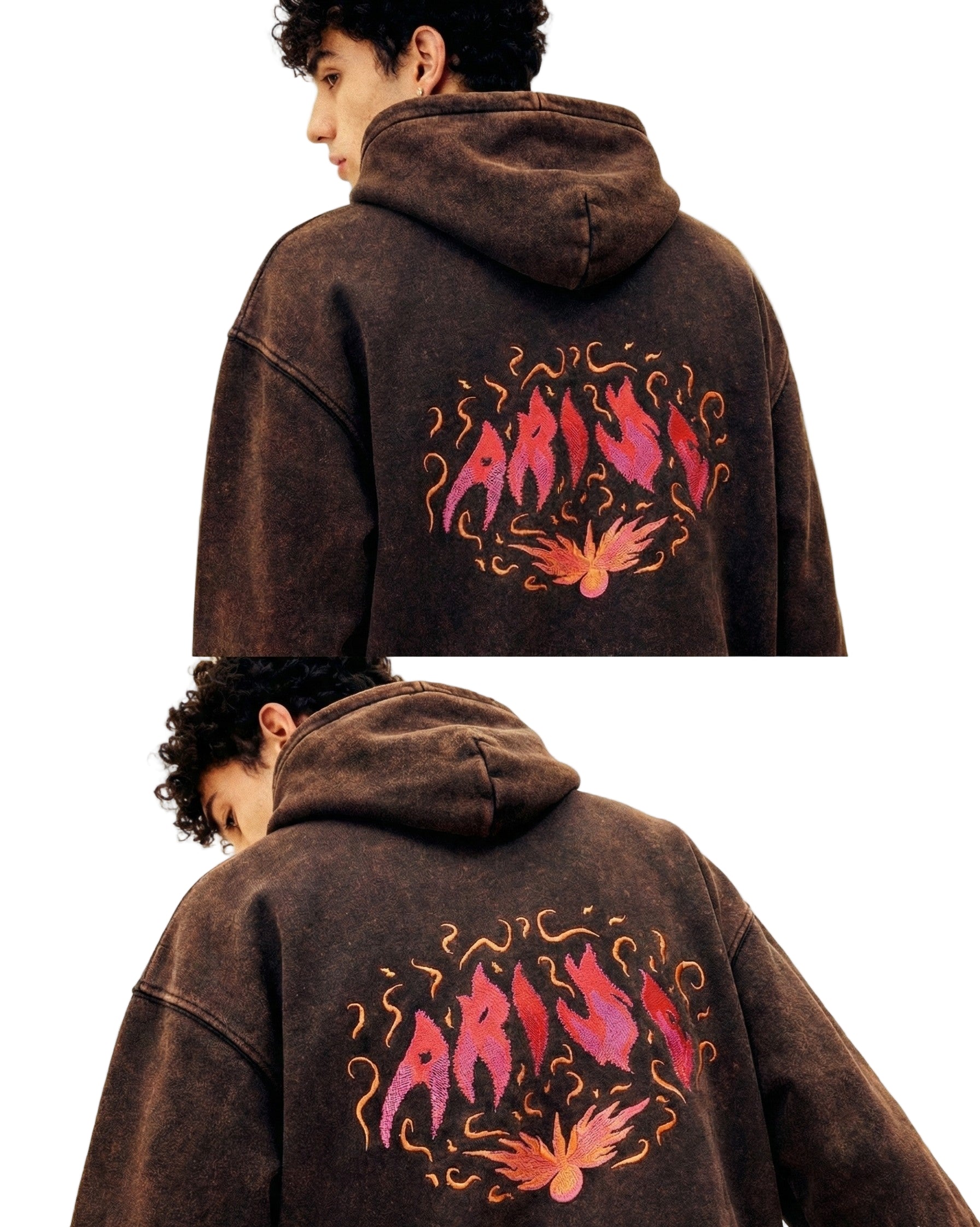 Brown hoodie with colorful design on the back worn by a person, against a plain background.