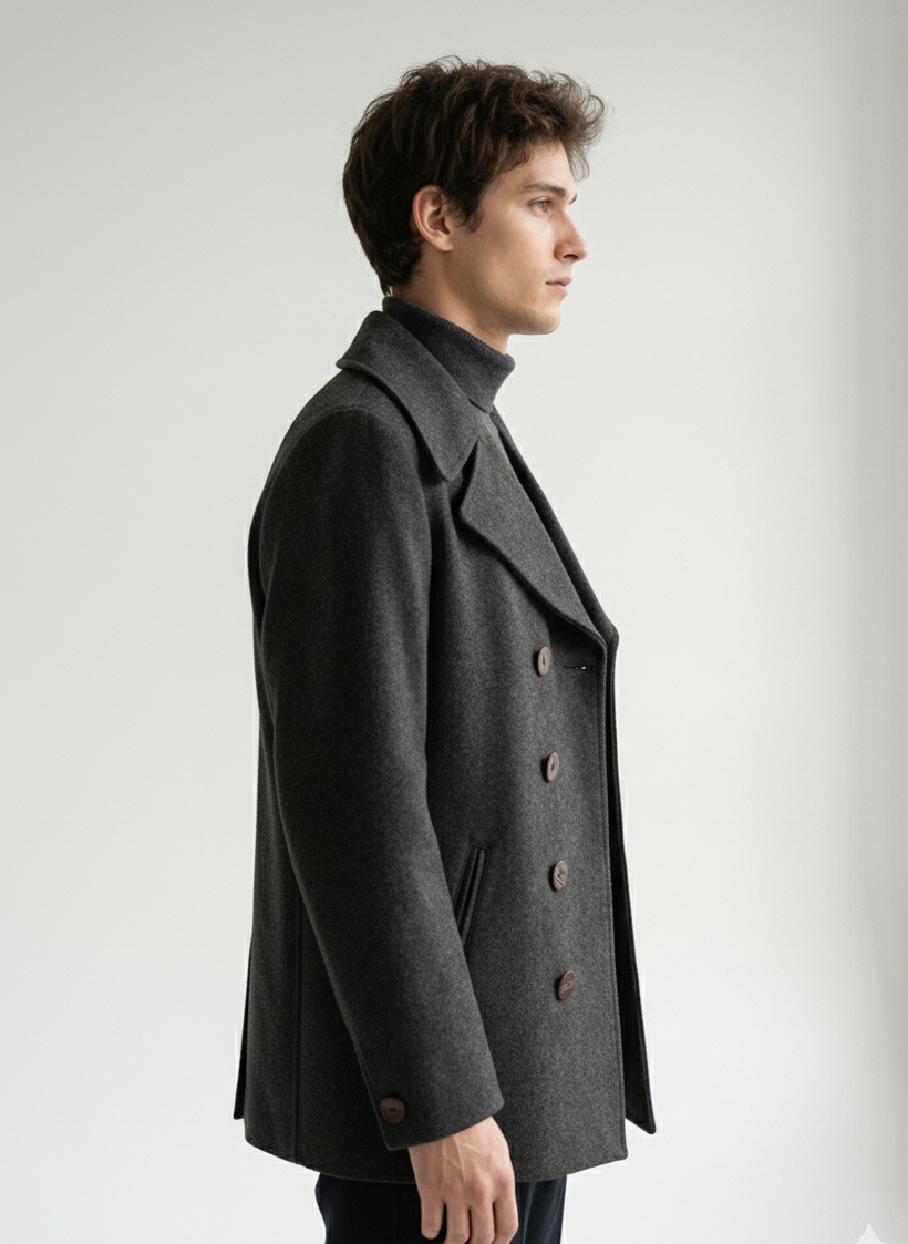 Man wearing a dark gray coat on a white background