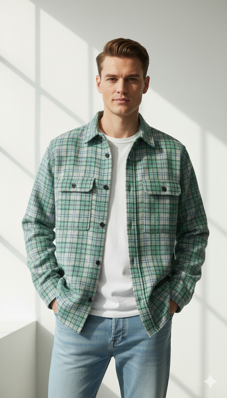 Man wearing a green plaid shirt over a white t-shirt with light blue jeans against a bright background