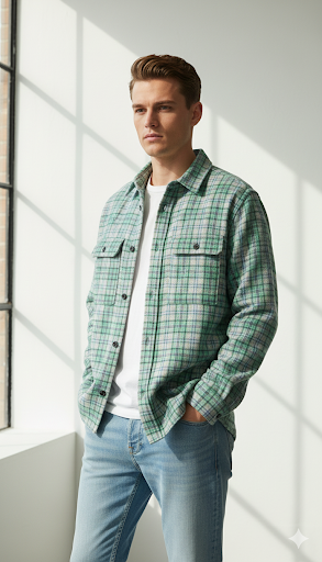 Men's Green Tweed Check Shirt | Textured Overshirt
