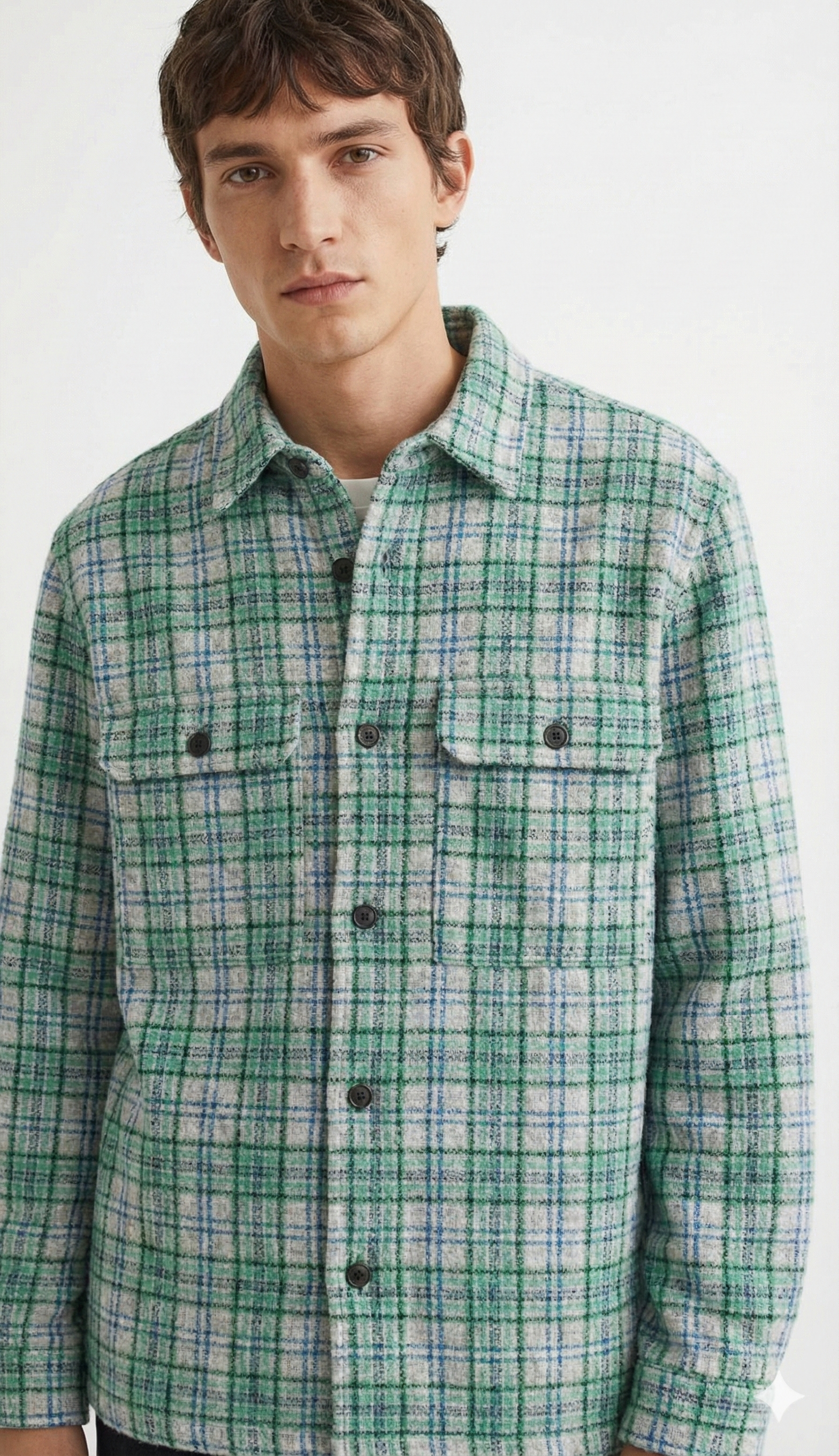 Man wearing a green plaid shirt against a white background
