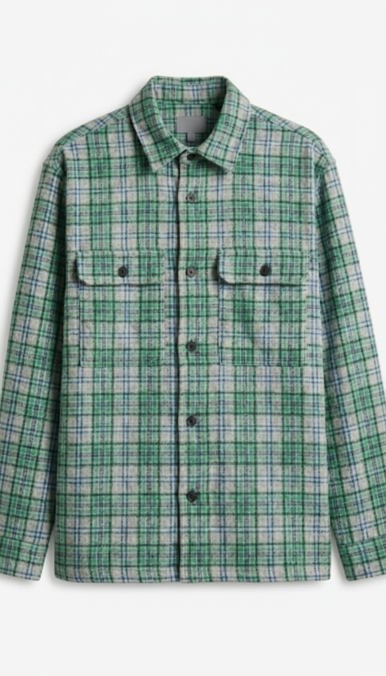 Green and white plaid shirt on a light gray background