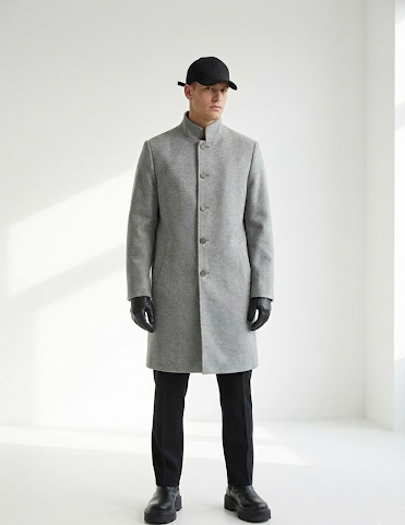 Person wearing a gray coat, black pants, and black shoes on a white background