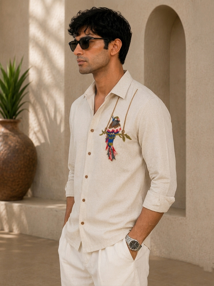 Exotic Bird Embroidered Shirt
