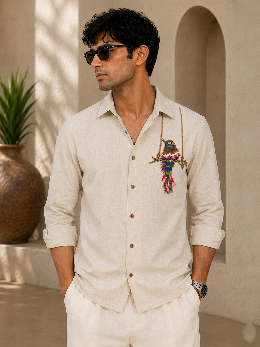 Exotic Bird Embroidered Shirt