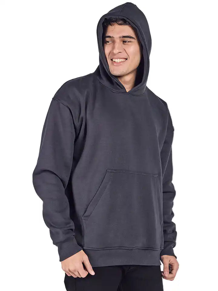 Person wearing a dark gray hoodie on a white background