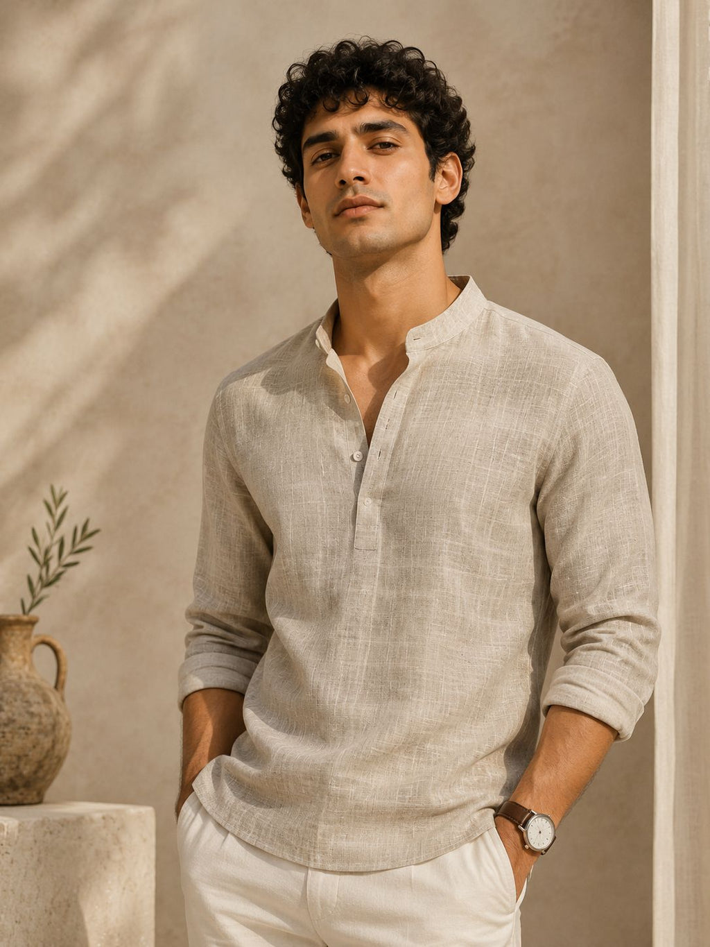 Man wearing a light-colored shirt against a neutral background