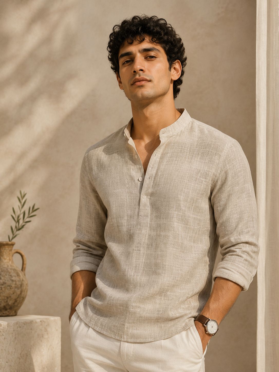 Light Beige Linen Kurta Shirt - Mandarin Collar