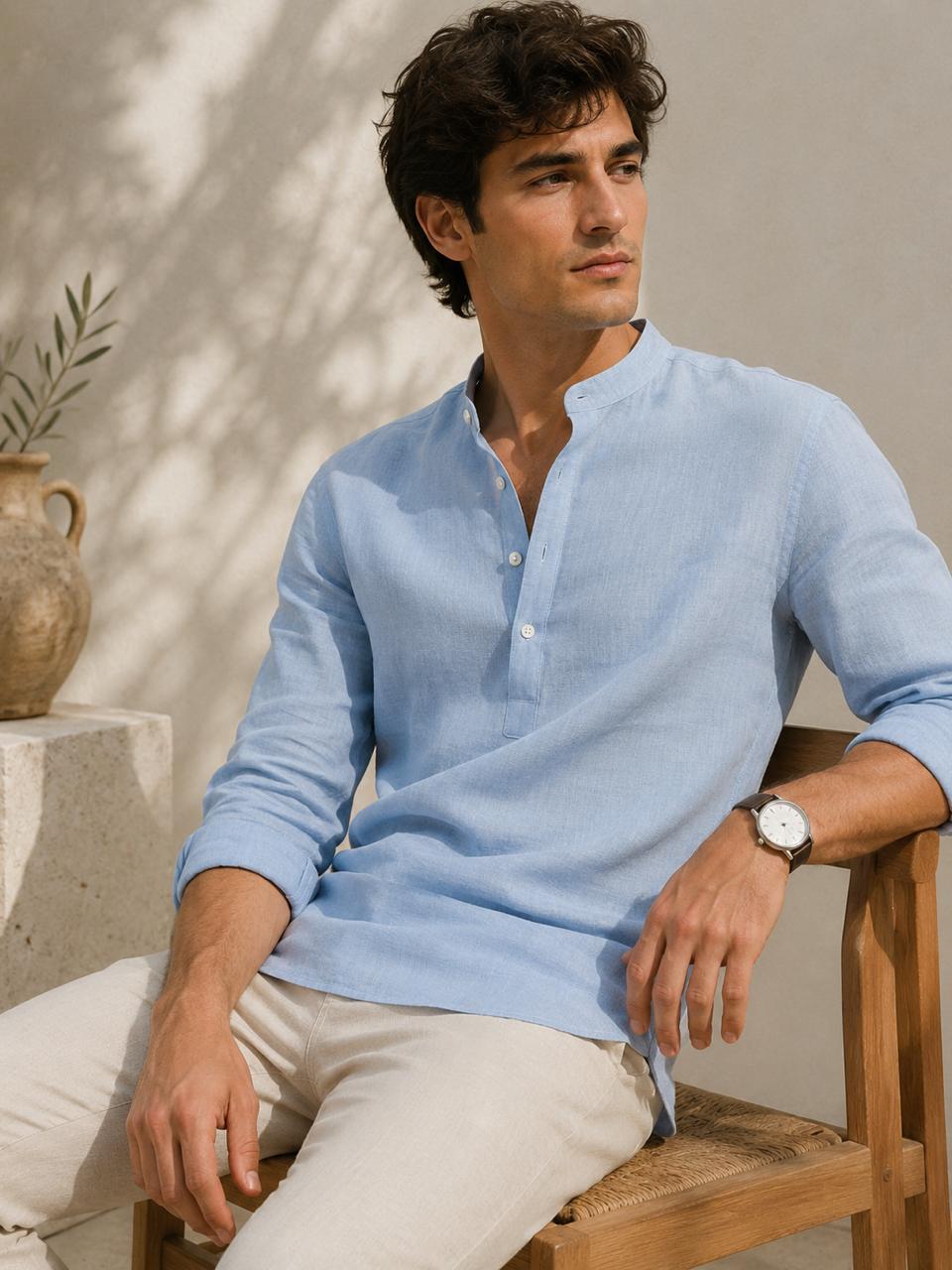 Summer Sky Linen Kurta Shirt - Mandarin Collar