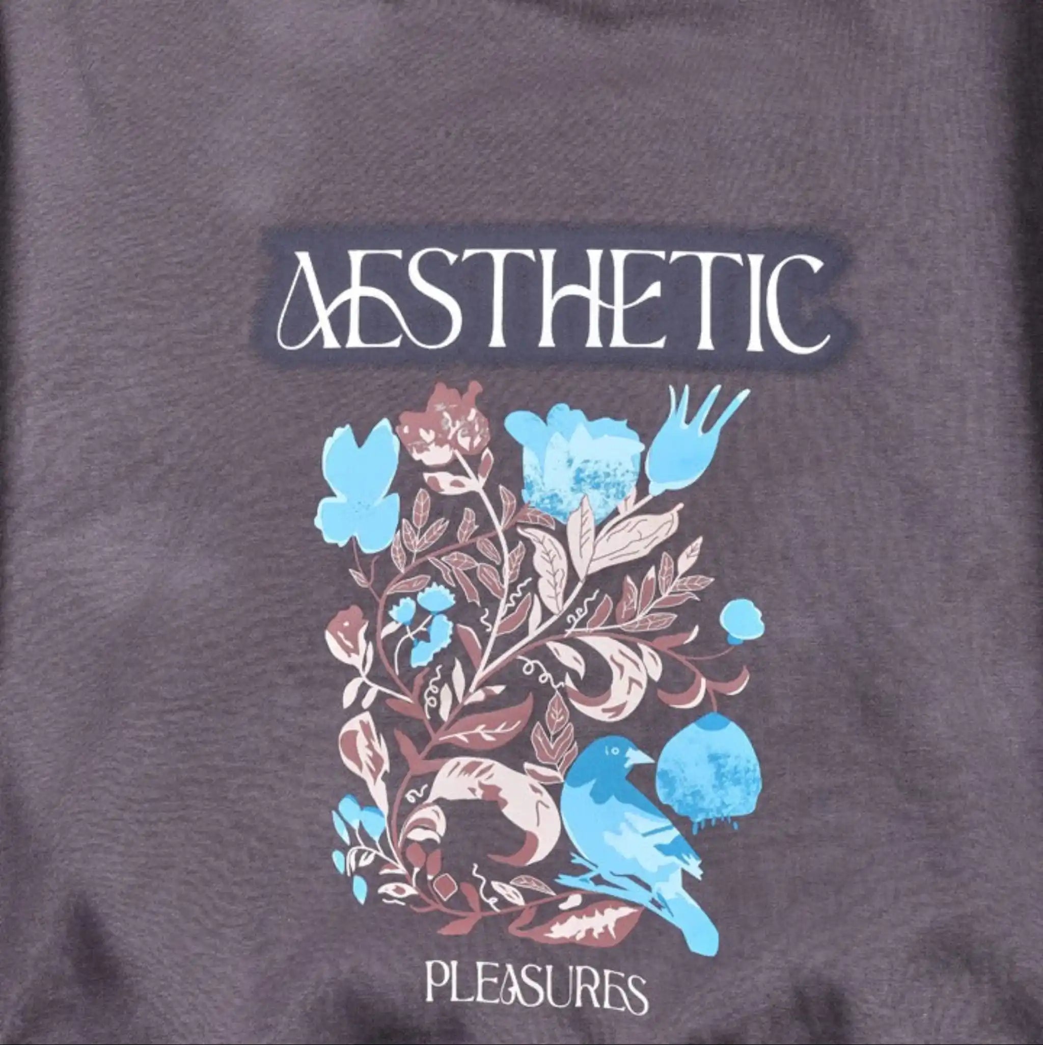 A dark grey oversized hoodie with aesthetic art screen printed on the front and back.