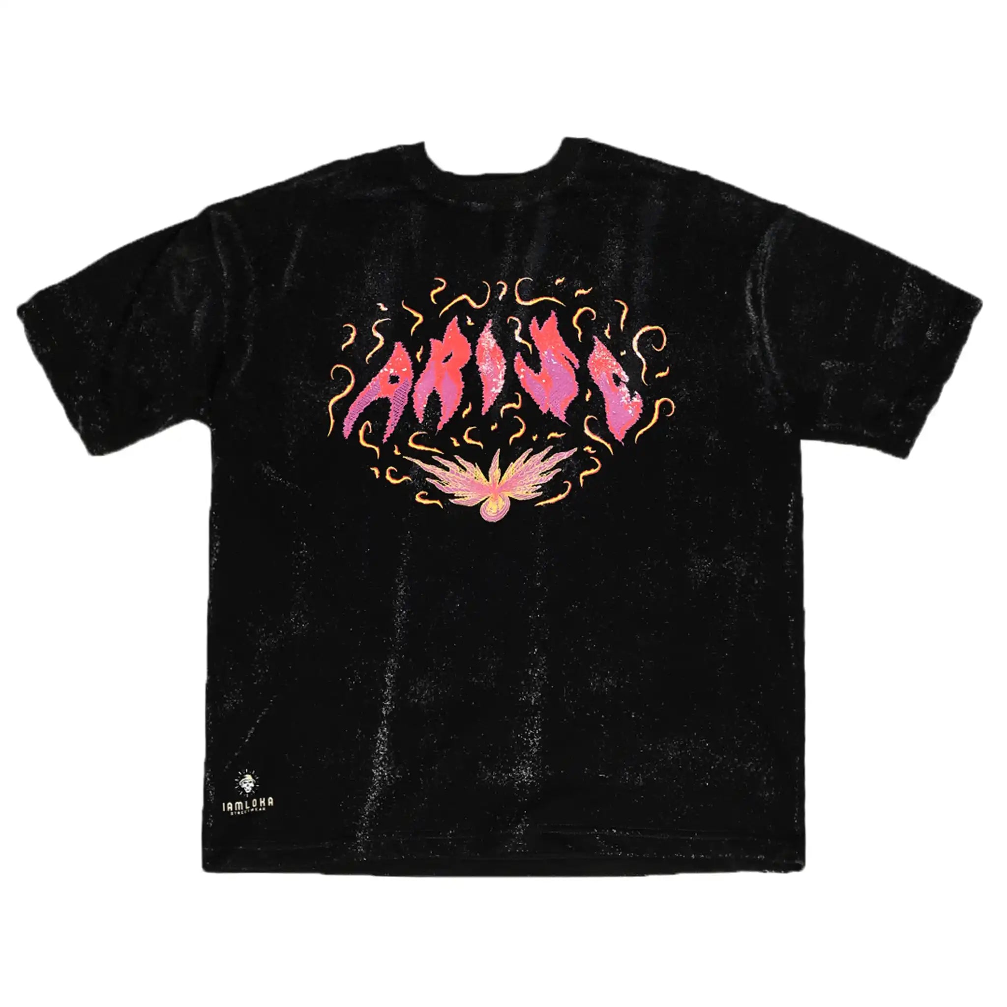 Black t-shirt with a vibrant 'iamloka' flame design in pink and purple on the front.
