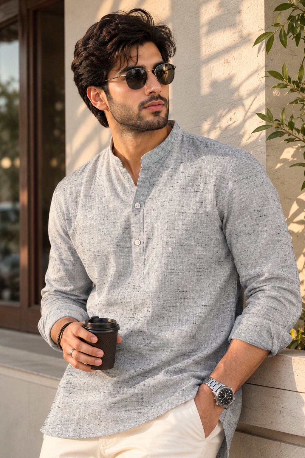 Ashwood Cotton Khadi Kurta Shirt - Mandarin Collar