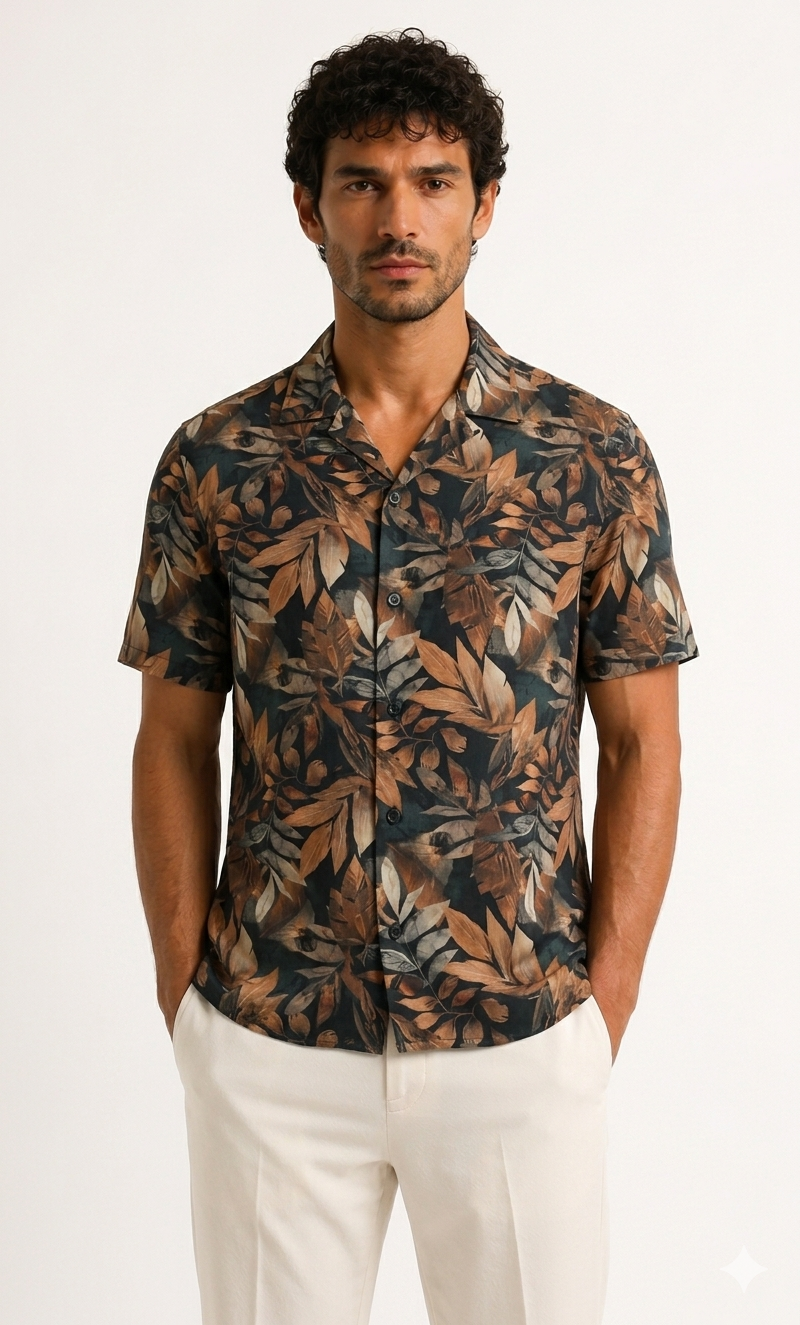 Man wearing a leaf-patterned shirt and white pants on a white background