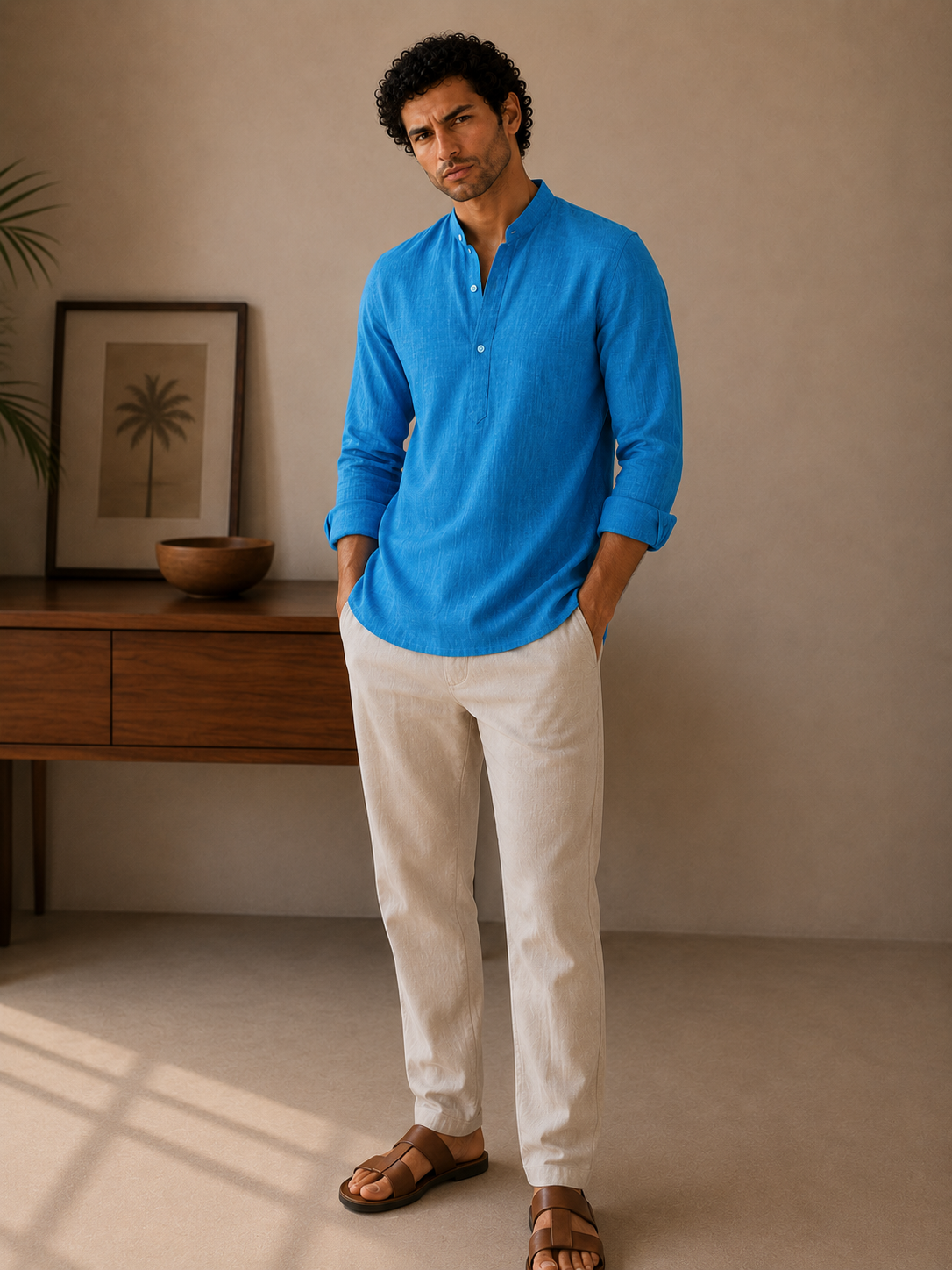 Azure Blue Linen Kurta Shirt - Mandarin Collar