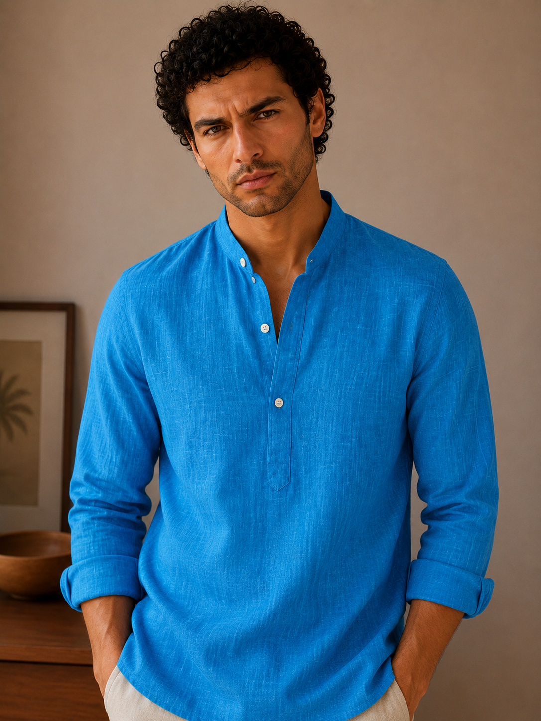Azure Blue Linen Kurta Shirt - Mandarin Collar