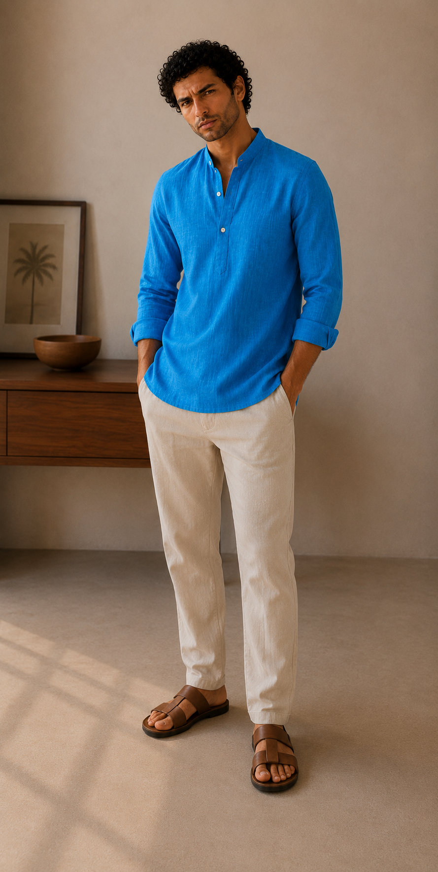 Azure Blue Linen Kurta Shirt - Mandarin Collar