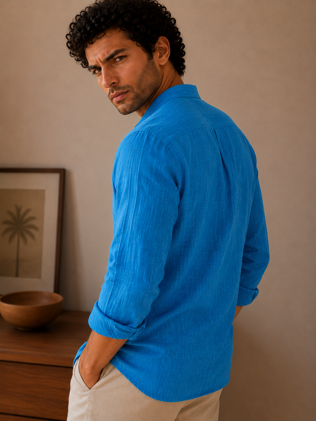Azure Blue Linen Kurta Shirt - Mandarin Collar