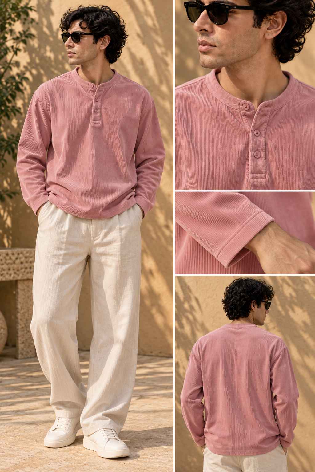 A man modeling a dusty rose corduroy long-sleeve henley shirt with cream corduroy trousers and white sneakers, shown in a full-body shot and three detail close-ups highlighting the collar, sleeve, and back.