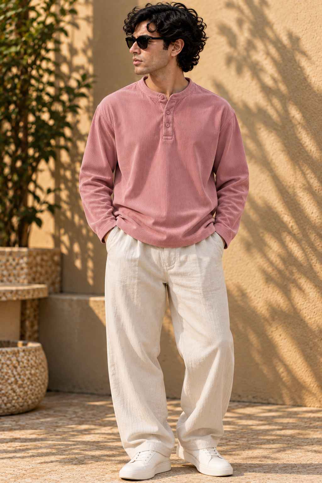 A man wearing a dusty rose long-sleeve henley shirt, off-white linen trousers, and white sneakers, standing outdoors against a beige stucco wall with leaf shadows.