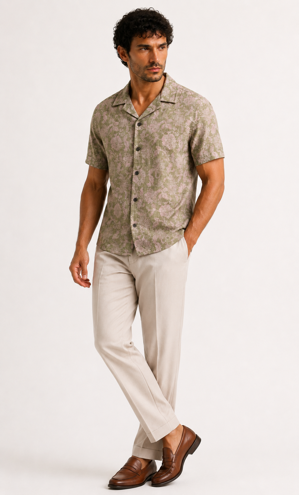 Beige Floral Cuban Shirt