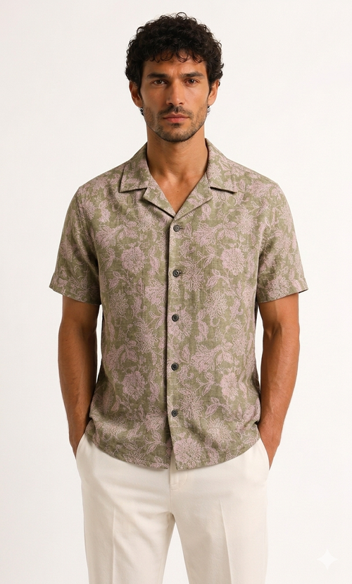 Beige Floral Cuban Shirt