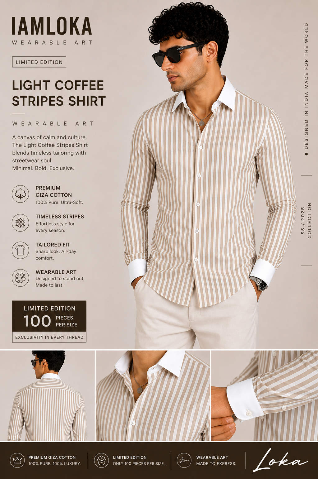 Man wearing a light coffee striped shirt with product details on a beige background