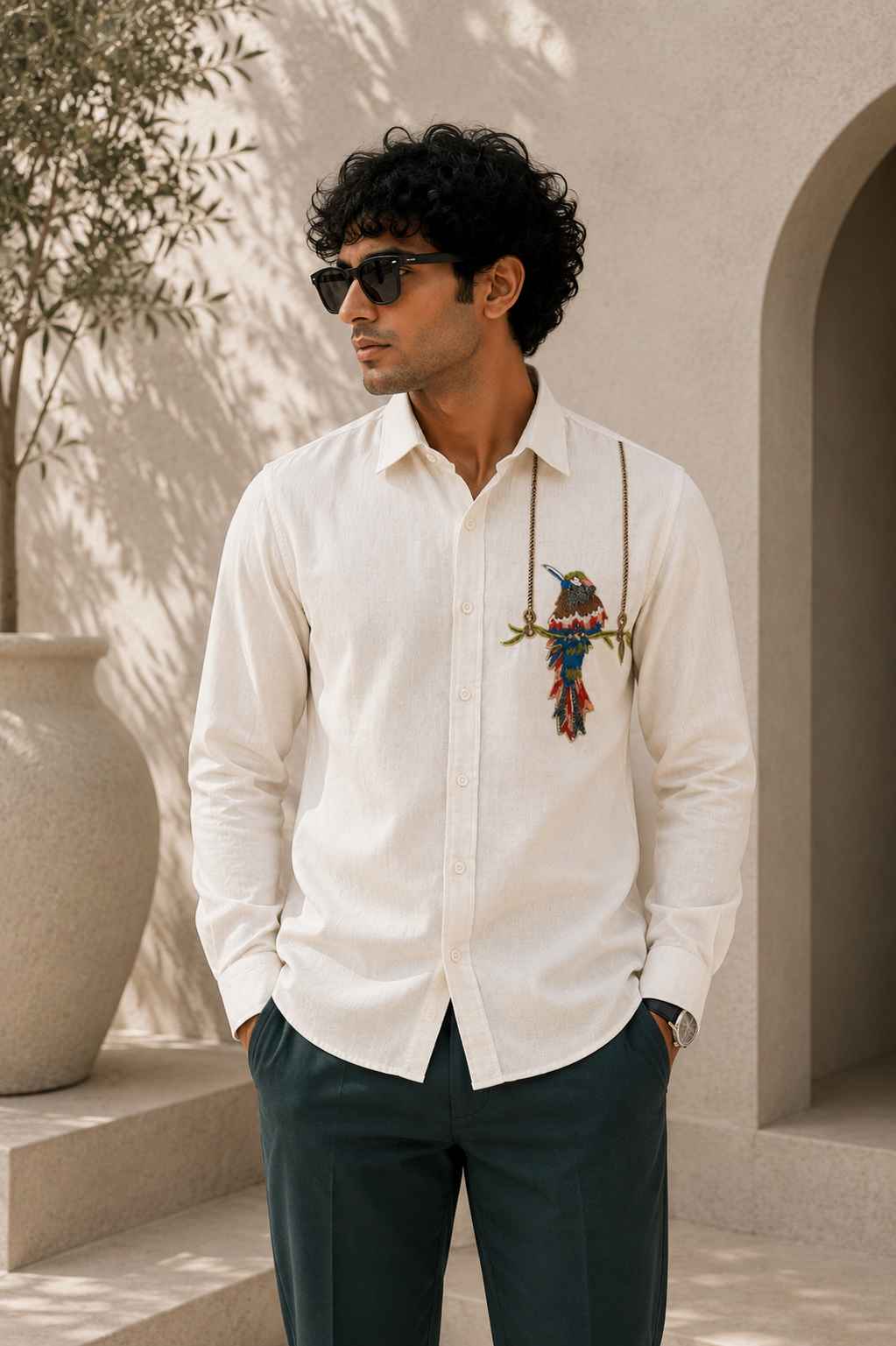 Exotic Bird Embroidered Shirt
