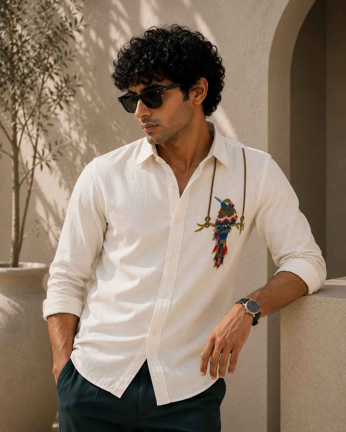 Exotic Bird Embroidered Shirt