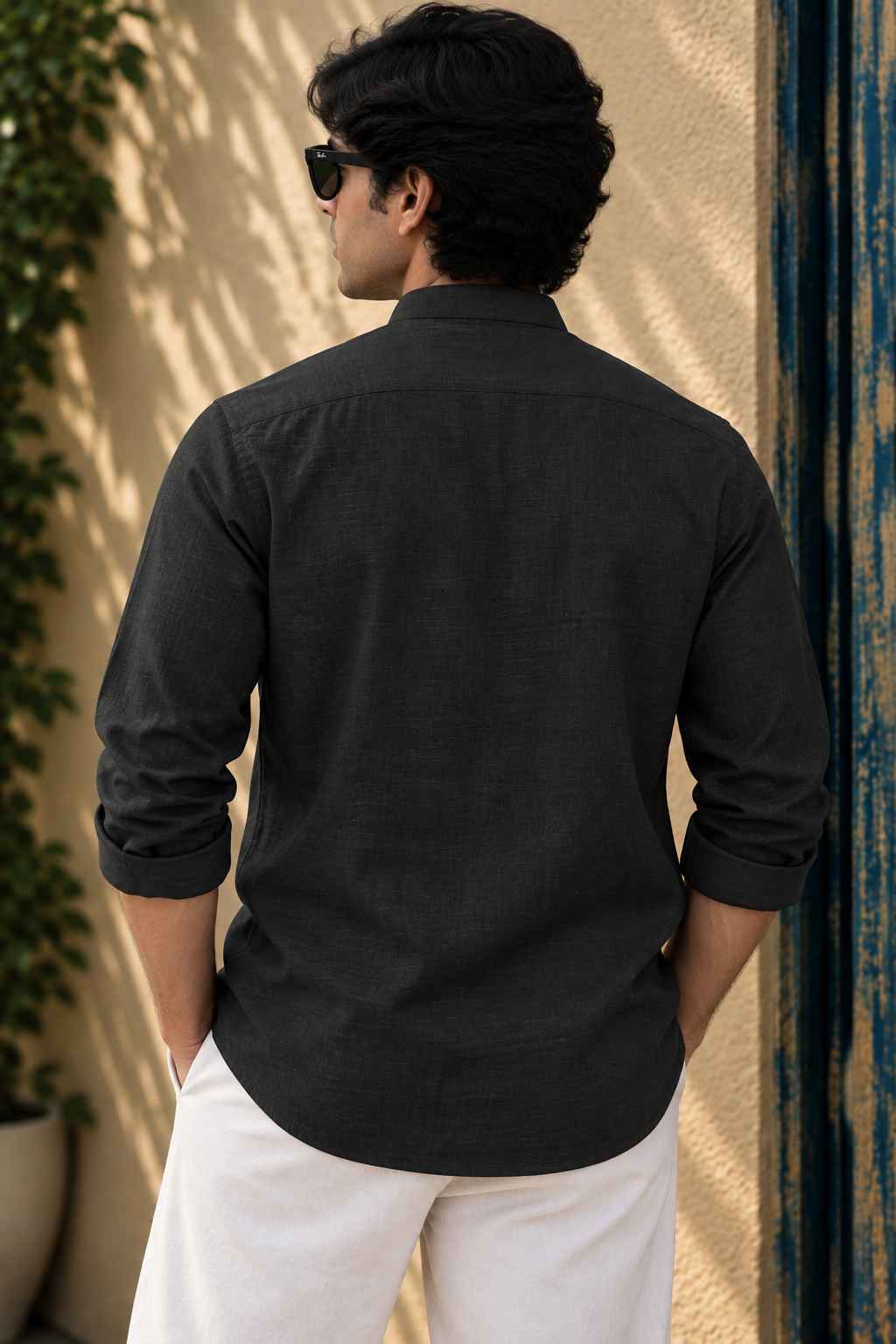 Black Linen Blend Kurta Shirt - Mandarin Collar