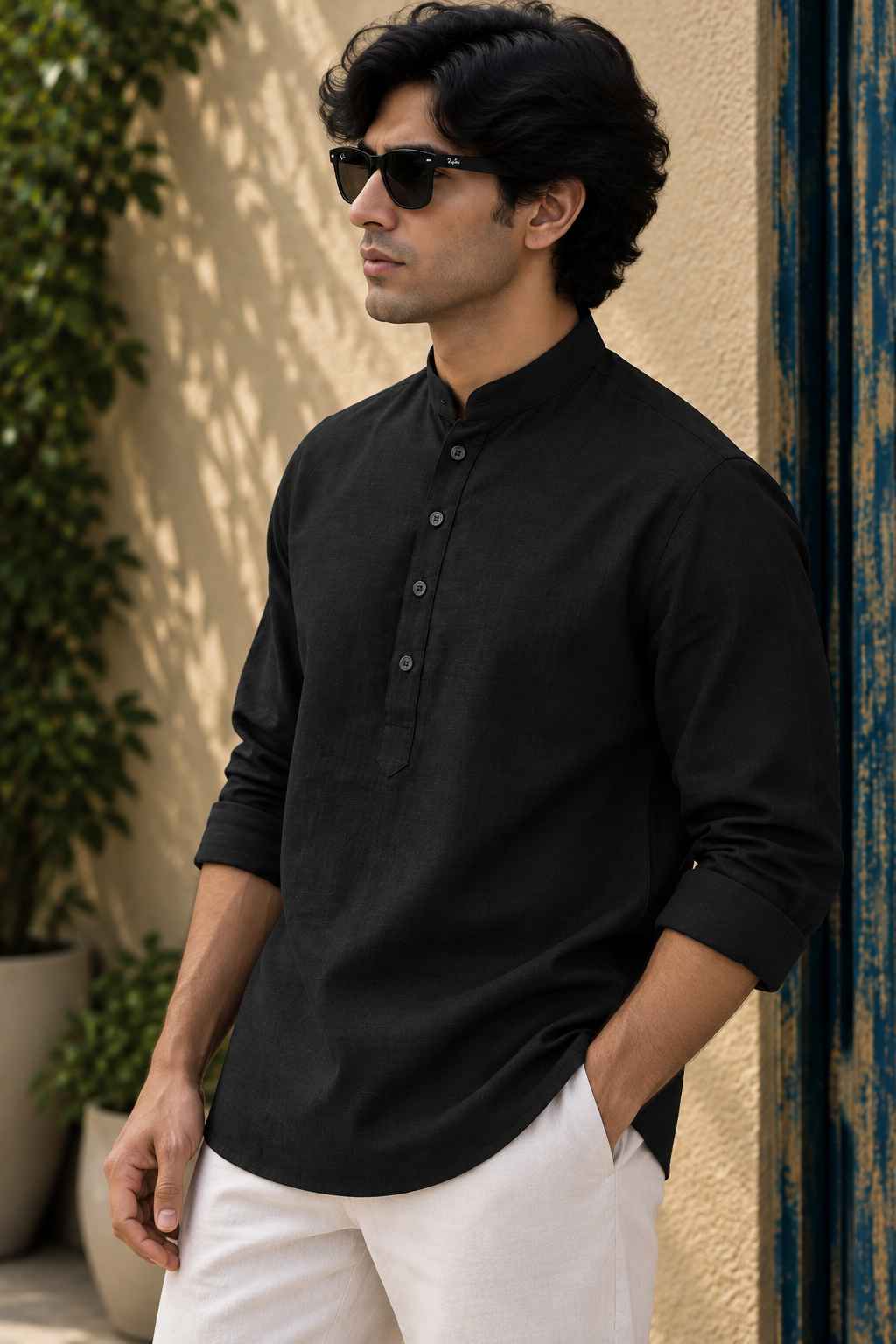 Black Linen Blend Kurta Shirt - Mandarin Collar