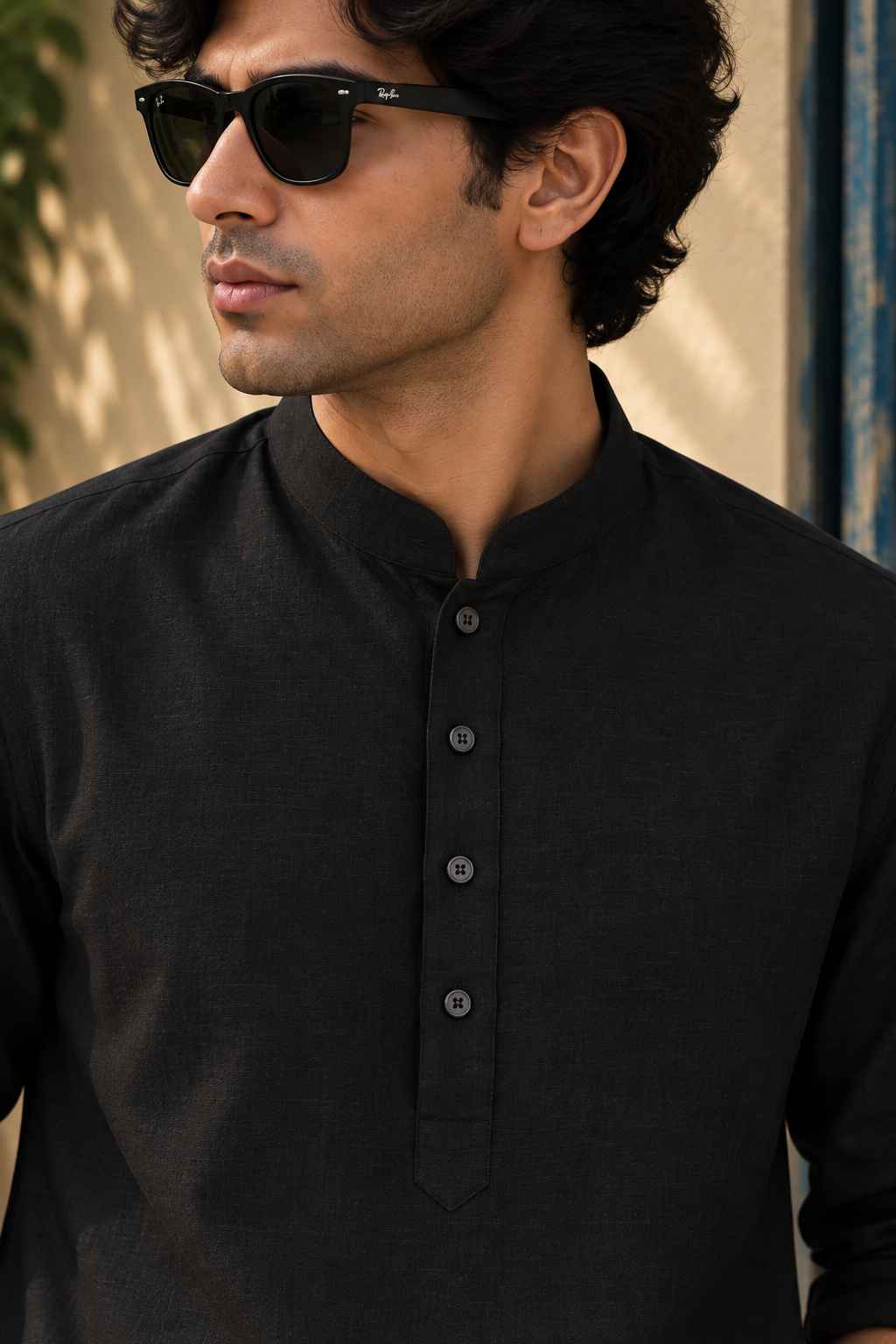 Black Linen Blend Kurta Shirt - Mandarin Collar