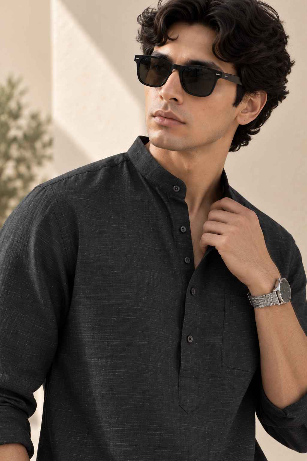 Black Pure Linen Kurta Shirt - Mandarin Collar