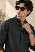 Black Pure Linen Kurta Shirt - Mandarin Collar