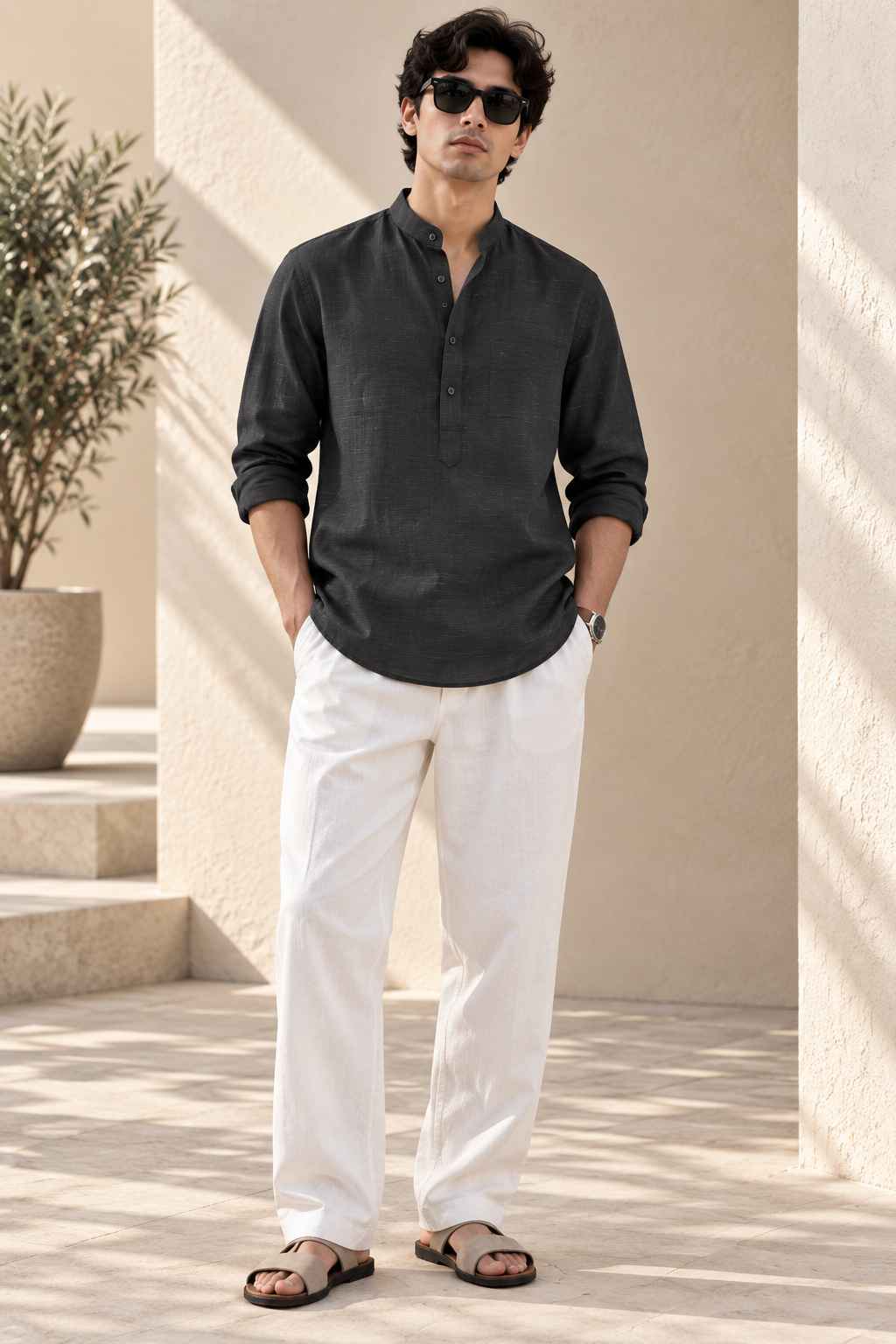Black Pure Linen Kurta Shirt - Mandarin Collar