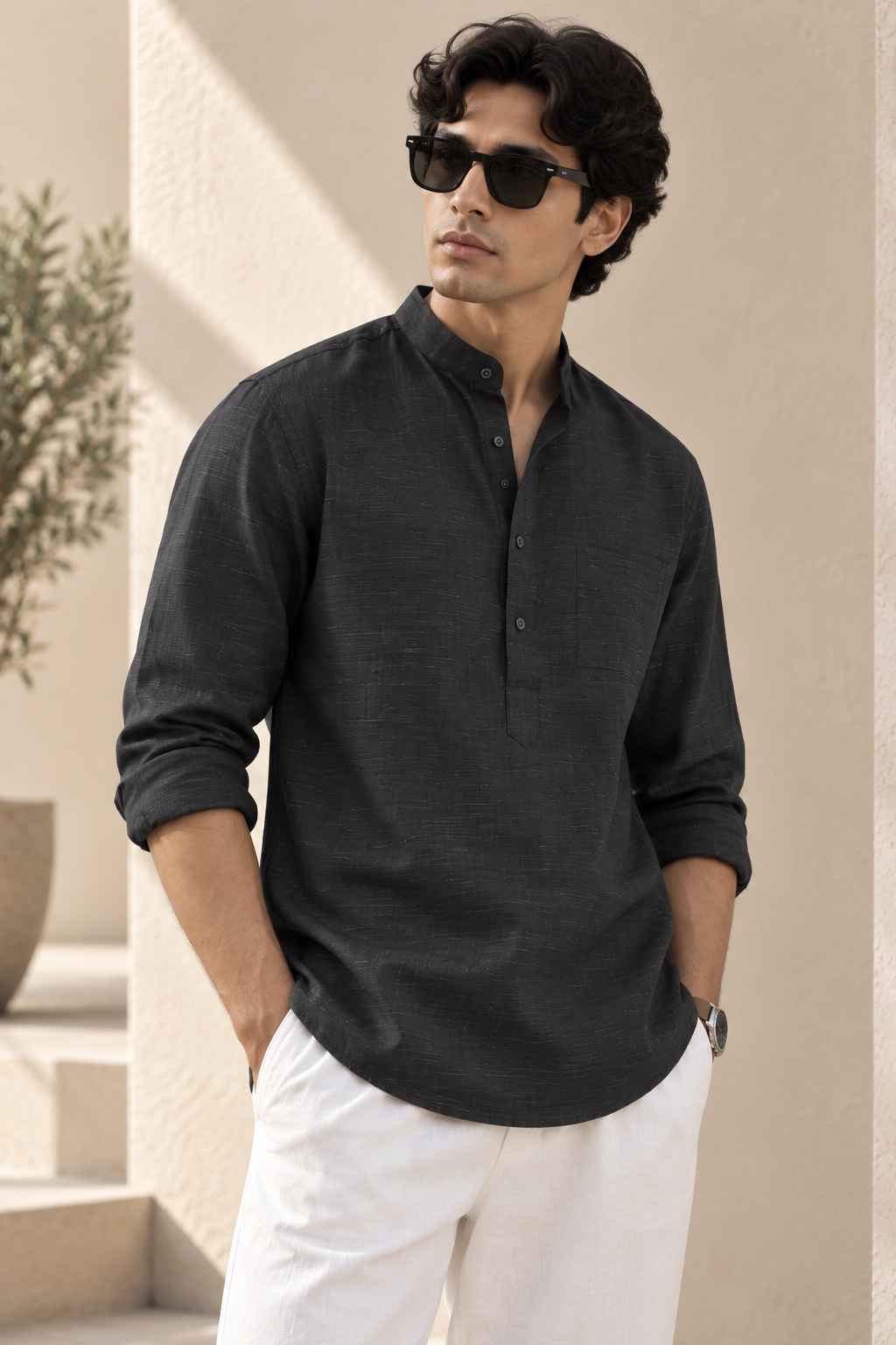 Black Pure Linen Kurta Shirt - Mandarin Collar
