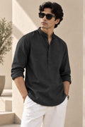 Black Pure Linen Kurta Shirt - Mandarin Collar
