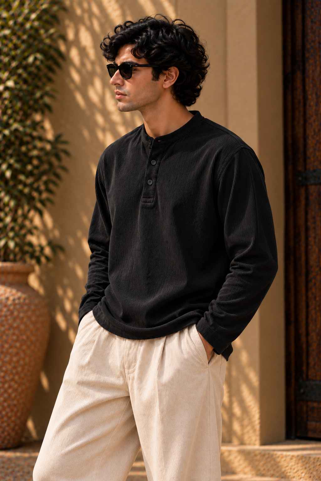 A man wearing a black long-sleeve henley shirt and cream-colored linen pants, standing outdoors in front of a beige wall with a large potted plant.