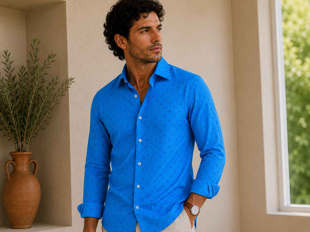Man wearing a bright blue shirt standing indoors with a plant and window in the background