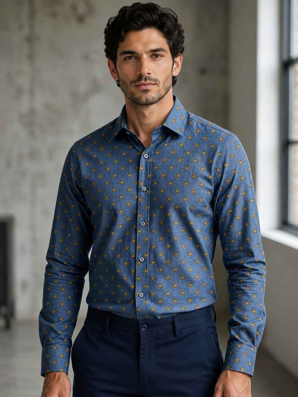 Blue Floral Motif Linen Shirt