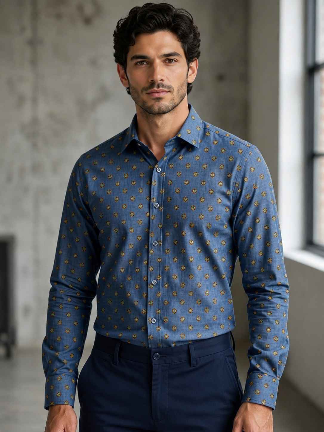 Blue Floral Motif Linen Shirt