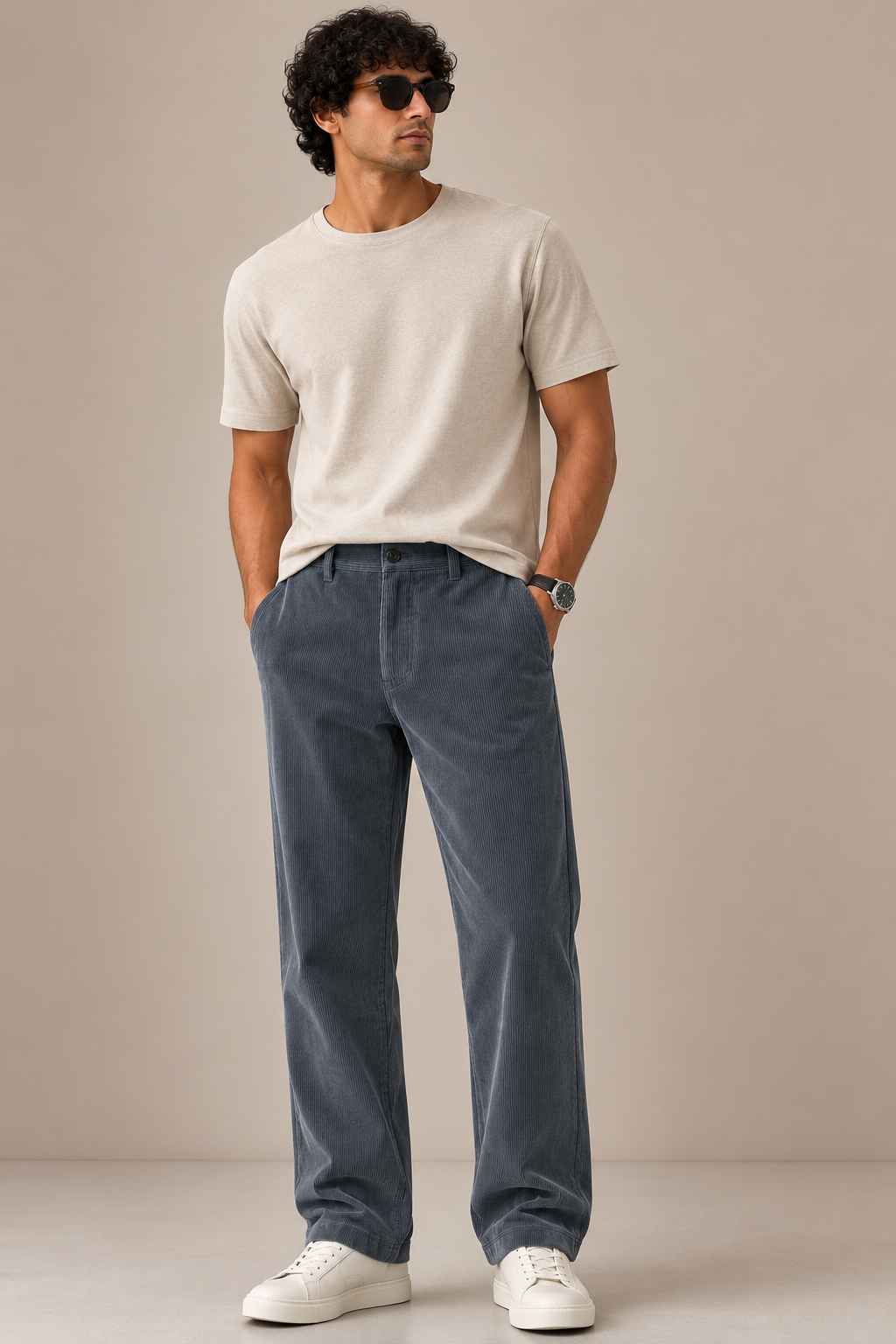 A man wearing a light beige crew-neck t-shirt, slate blue corduroy pants, and white sneakers, standing against a neutral beige studio background.
